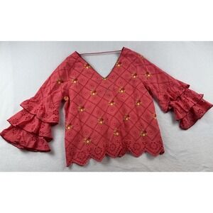 BanJara Women's Boho Coral Cotton Eyelet Detailing Embroidered Top Size M Ruffle